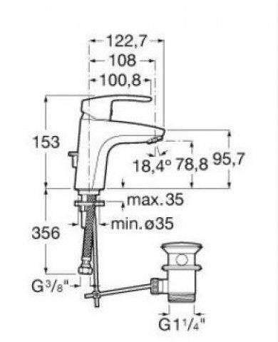 Roca Monodin-N Смесител за мивка - техническа схема с размери и изпразнител, онлайн магазин KERANOVA