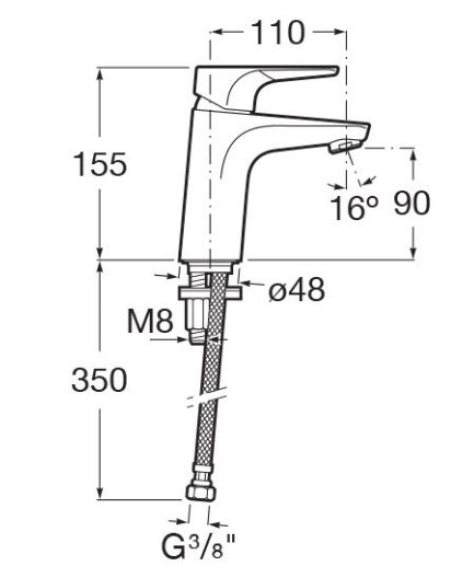 Roca Atlas Смесител за мивка - технически чертеж с размери, Евершайн покритие, дебит 5л/мин, произведен в Испания | KERANOVA