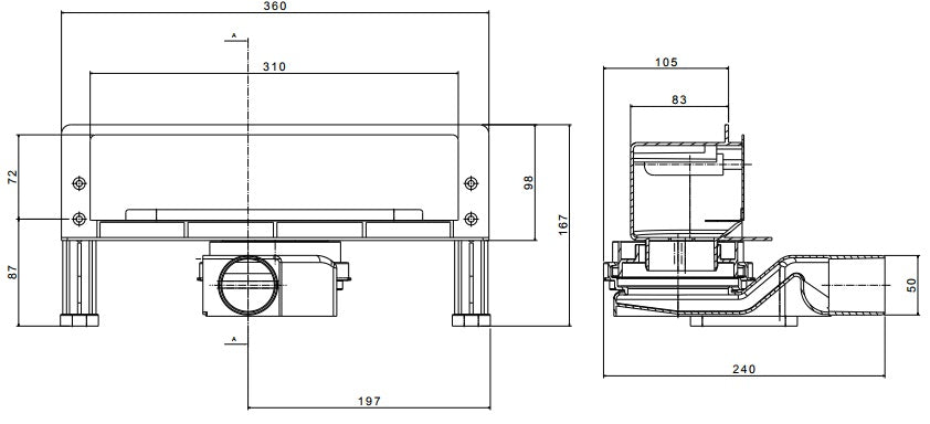 Стенен сифон Confluo Wall - технически чертеж с размери, висока пропускателна способност и ниска монтажна височина | KERANOVA