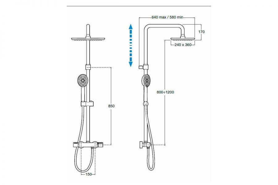 Even-T Square Roca колона с термостат и квадратна пита - технически чертеж с размери и регулируема височина 800-1200мм за KERANOVA онлайн магазин