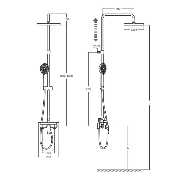Even-M Roca душ колона с кръгла пита - технически чертеж с размери, регулируема височина, кръгла пита и слушалка за KERANOVA