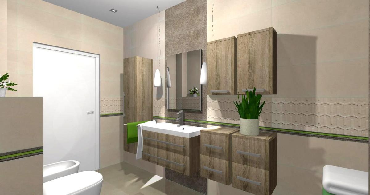 Баня Lemon Stone 29.8x74.8 - светла модерна баня с дървени шкафове и декоративни плочки Lemon Stone от KERANOVA