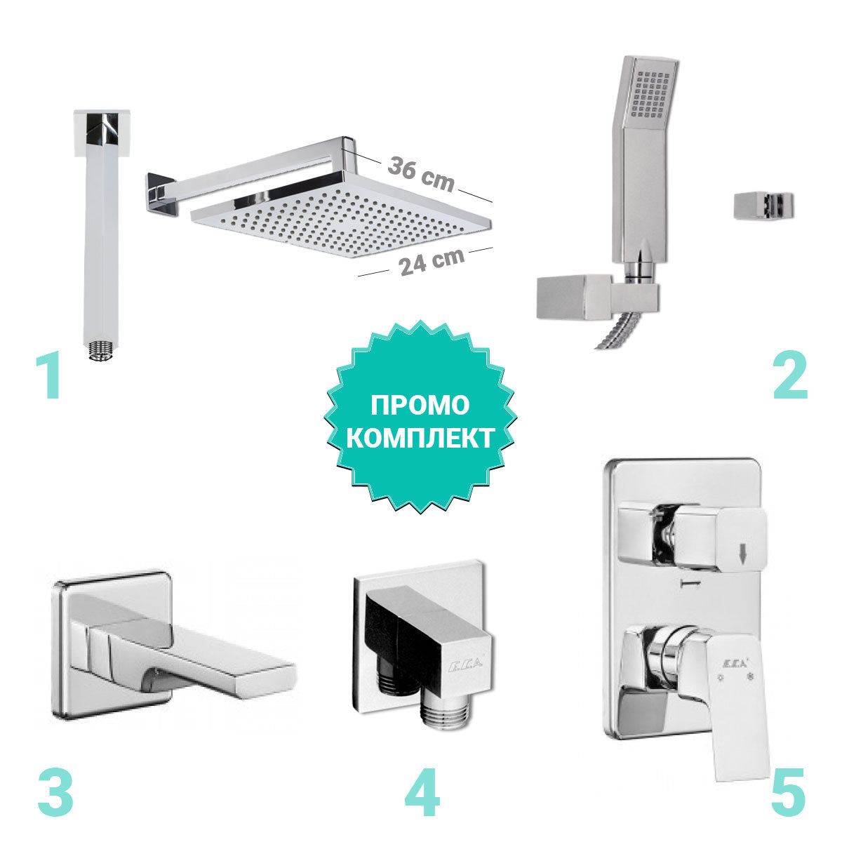 Вграден сет Tiera Lux с чучур - промо комплект хром, голям душ 36x24см, подвижен душ, смесител и тръбни аксесоари за баня KERANOVA