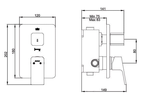 Вграден сет Tiera Lux с чучур - технически чертеж с размери за монтаж на смесител и душ, 120x202 мм, KERANOVA