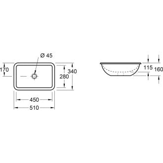мивка за под плот Loop & Friends 51x34 - Villeroy & Boch, технически чертеж с размери 510x340 мм, монтаж под плот за онлайн магазин KERANOVA