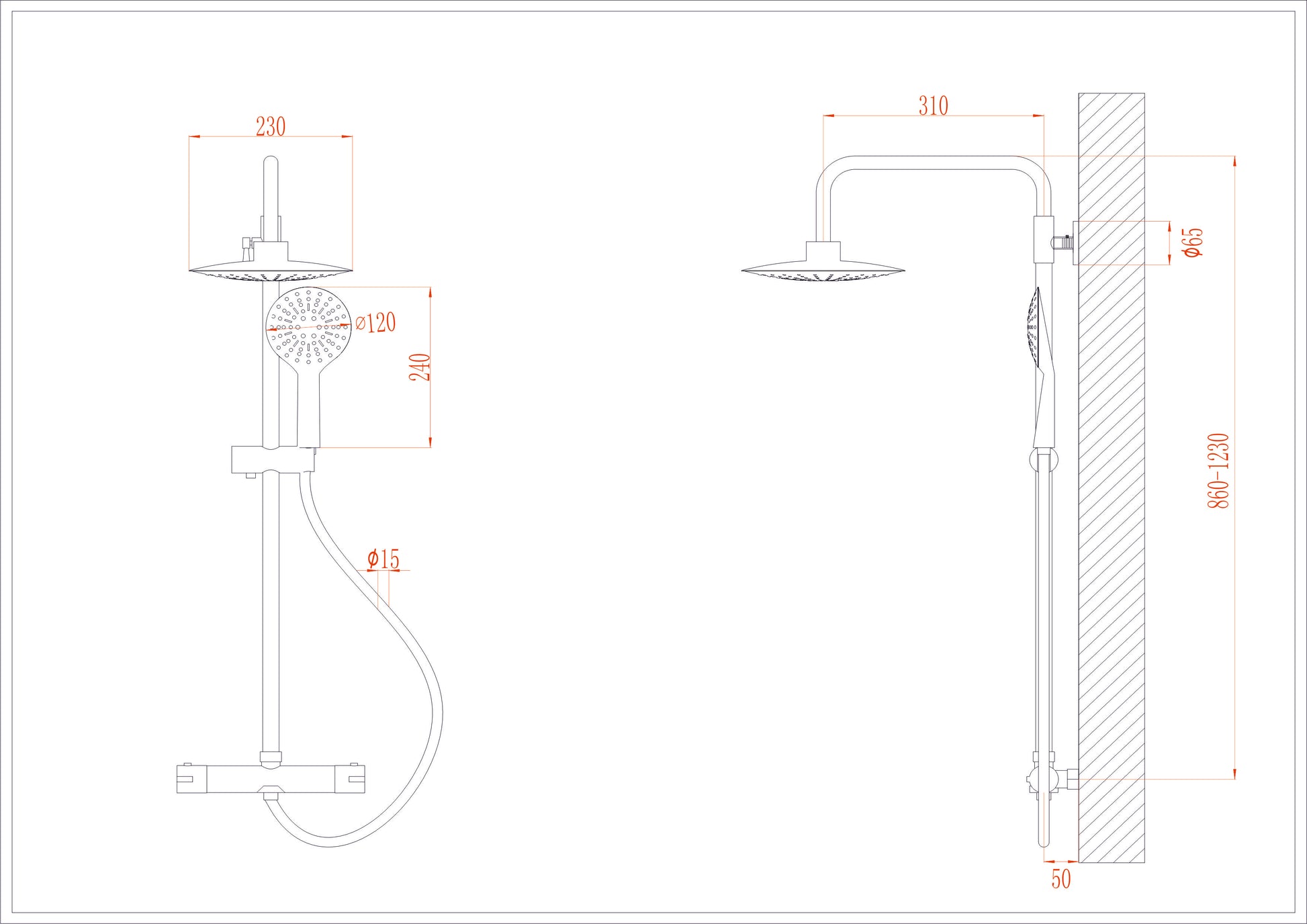 Комплект за баня Соланж термостатична душ колона схематичен чертеж с размери за онлайн магазин KERANOVA
