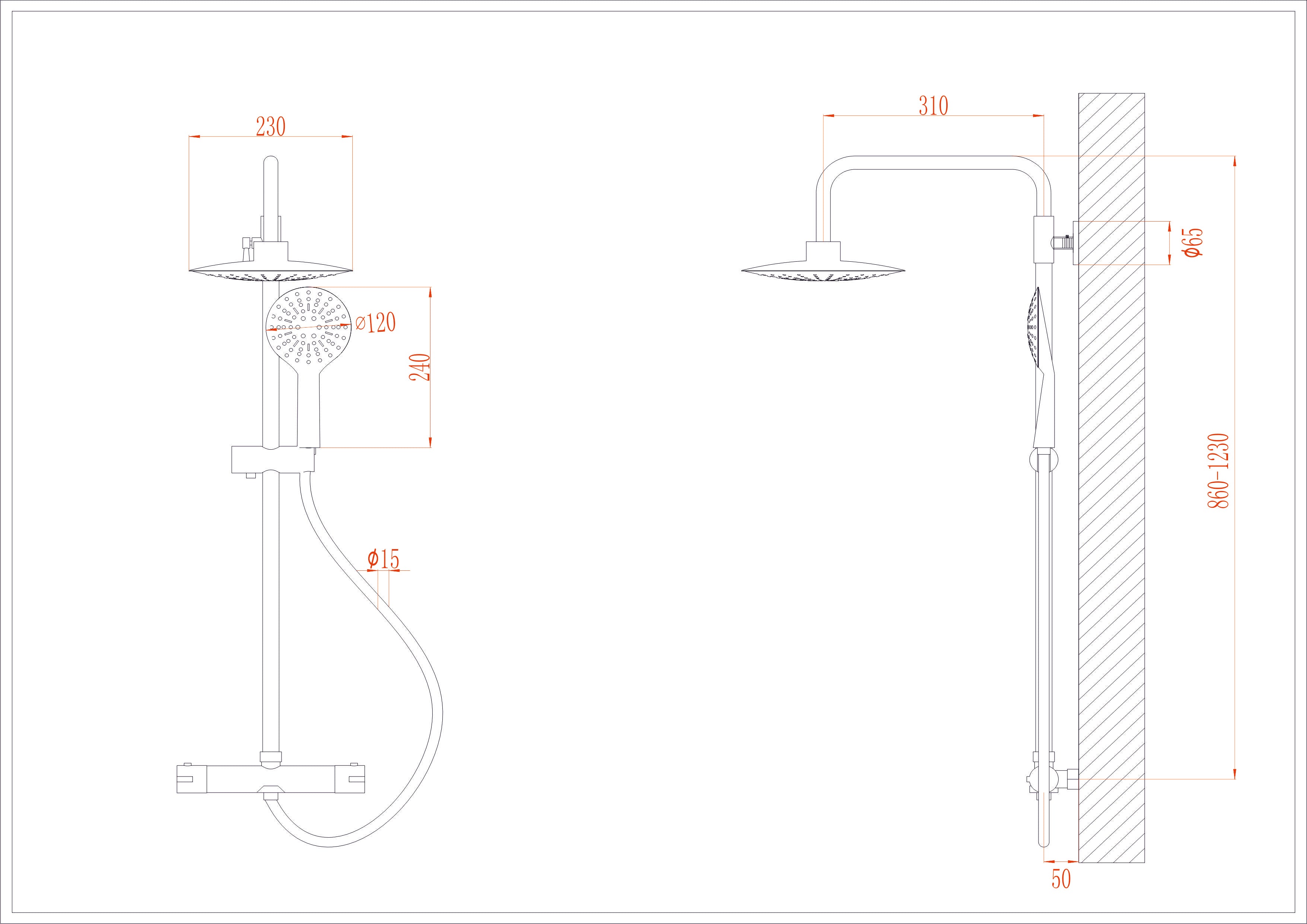 Комплект за баня Соланж термостатична душ колона схематичен чертеж с размери за онлайн магазин KERANOVA