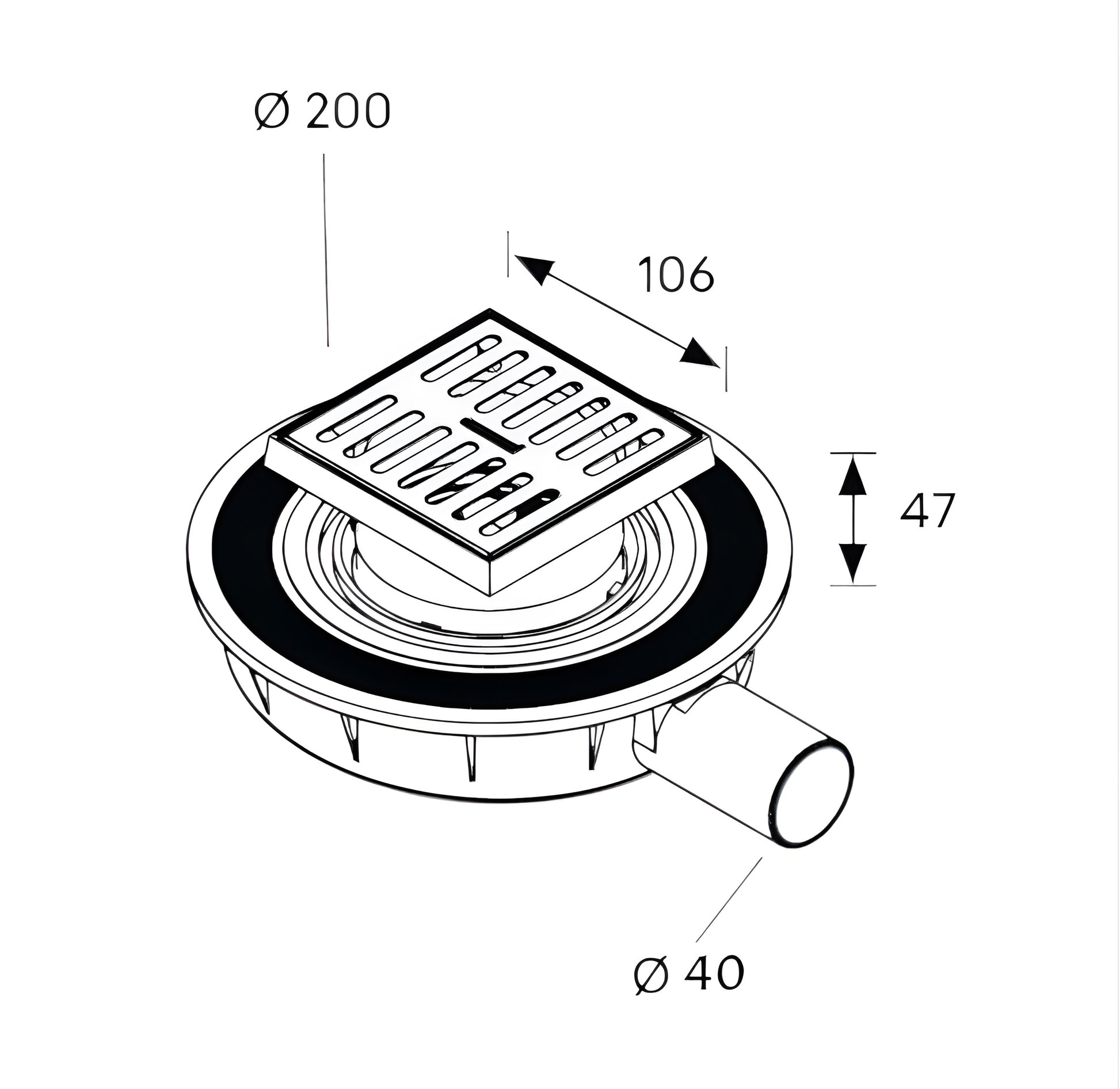 Mini Drain подов сифон с клапа и ниска инсталационна височина 10х10 - Bonomini изображение с размери 106мм решетка и височина 47мм за KERANOVA онлайн магазин