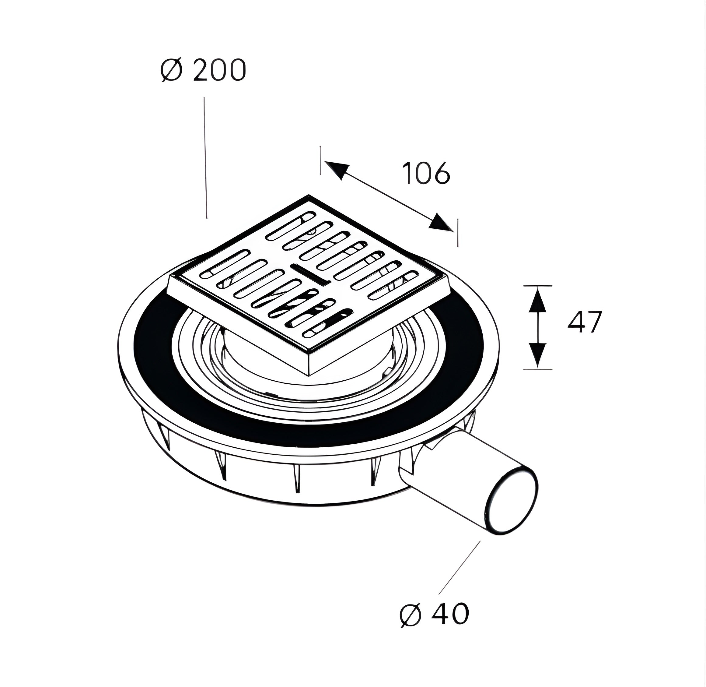 Mini Drain подов сифон с клапа и ниска инсталационна височина 10х10 - Bonomini изображение с размери 106мм решетка и височина 47мм за KERANOVA онлайн магазин