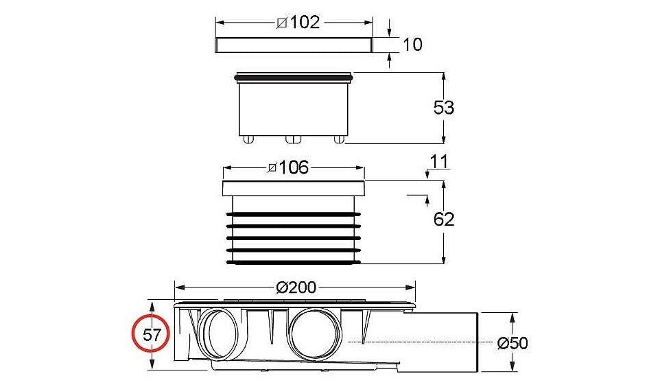 Mini Drain подов сифон с клапа 10х10 - Bonomini технически чертеж с размери H57/119 мм, Ф50 мм, неръждаема решетка 100x100mm