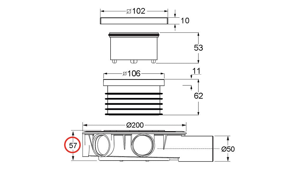 Mini drain подов сифон 10х10 - Bonomini чертеж с размери, неръждаема решетка 100x100мм, хоризонтално оттичане, регулируема височина KERANOVA