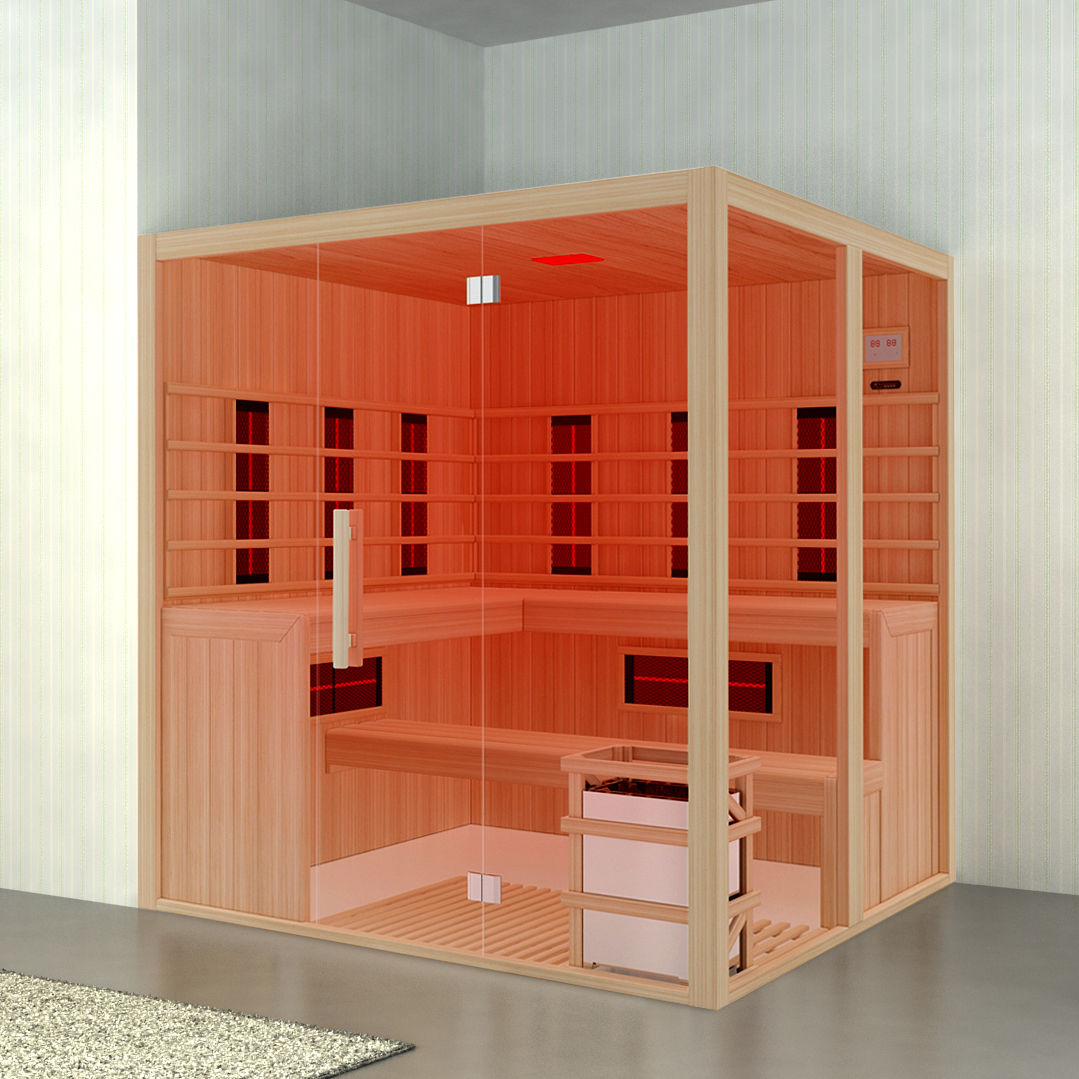 Сауна Eclipse 204,3х200,8х205,5 см. – инфрачервена и финландска сауна Hemlock за 6 души, врата 6мм закалено стъкло, LED хромотерапия