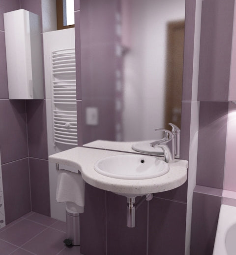 Плотове от технически камък за баня - бял конзолен плот с мивка в лилава баня, онлайн магазин KERANOVA