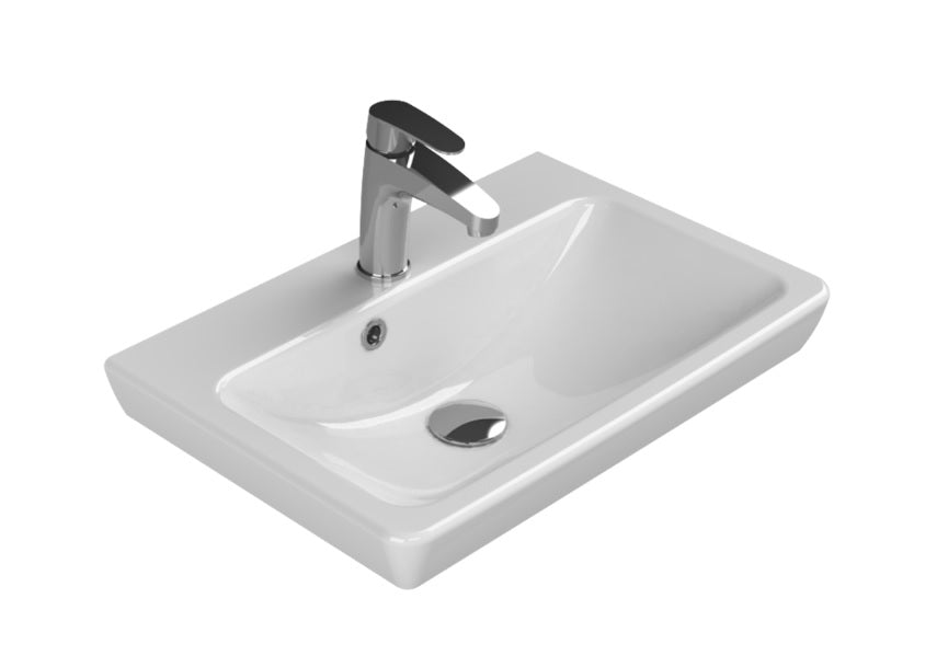 Мебелна мивка Porto 55х38 см. бяла керамична мивка с отвърт за смесител, монтаж върху мебел или плот - KERANOVA онлайн магазин