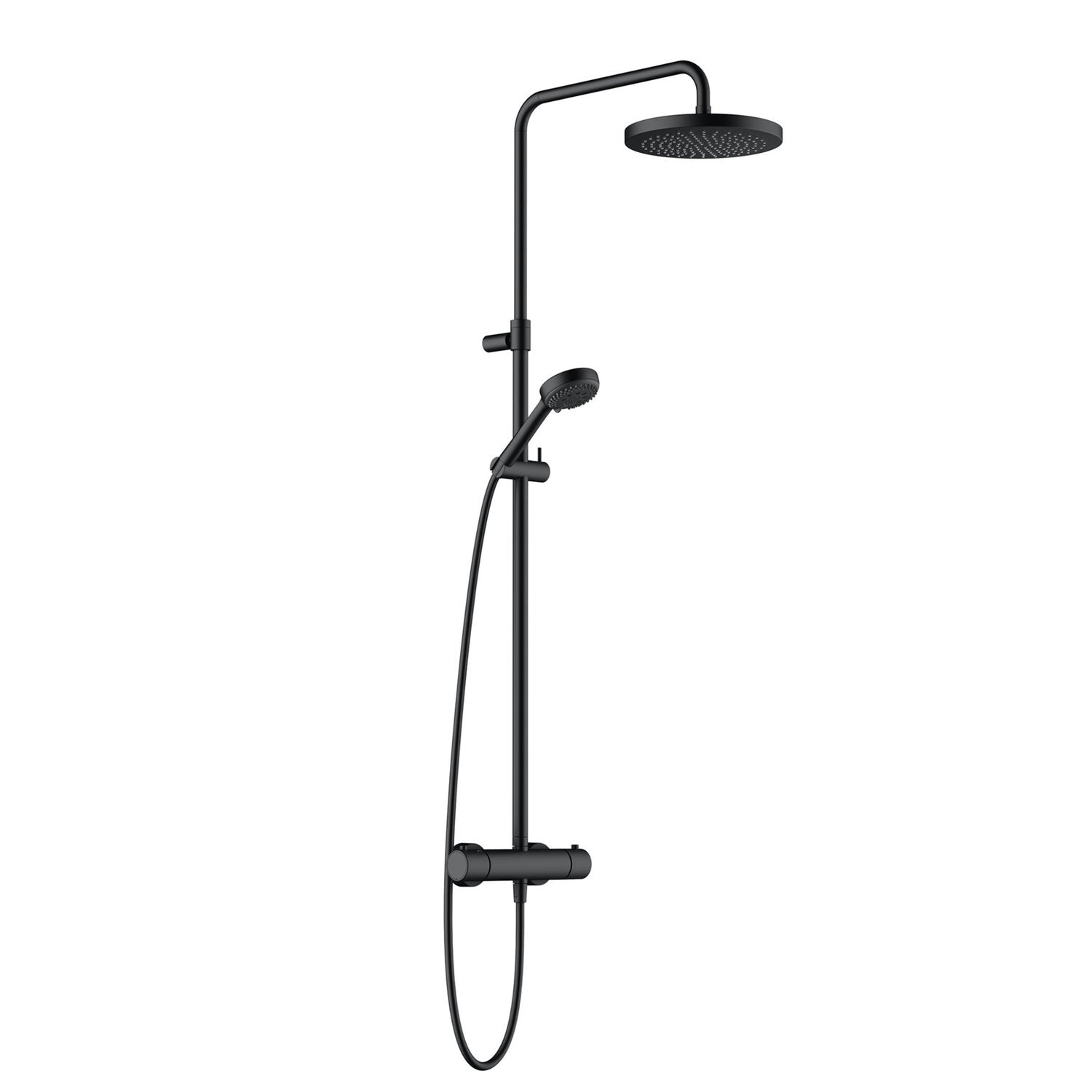Термостатична душ система Kludi Logo Matt Black - черна мат душ колона с термостат, квадратно еднакво дъждовно глава и ръчен душ, KERANOVA