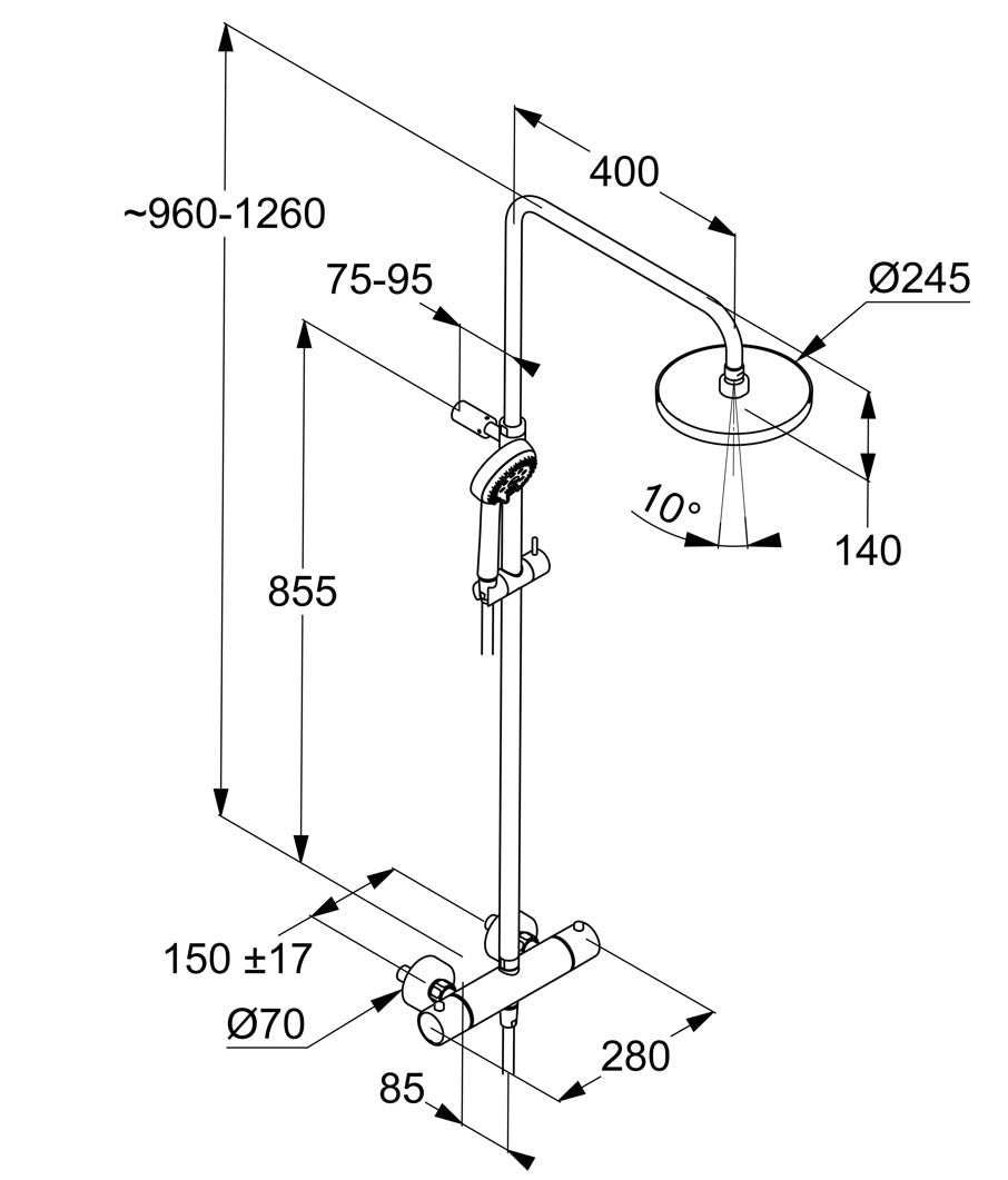 Термостатична душ система Kludi Logo Matt Black – технически чертеж с размери, квадратна душ глава Ø245 мм, телескопична колона, онлайн магазин KERANOVA