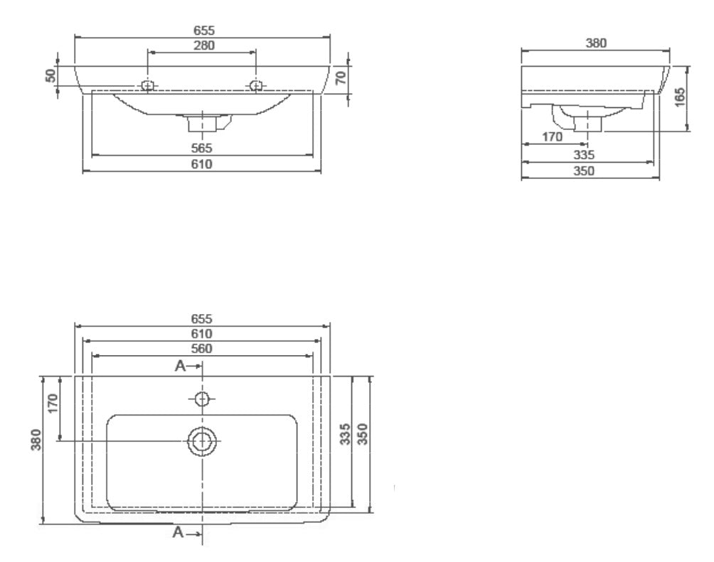 Мебелна мивка Porto 65х38 см. технически чертеж с размери и отвор за смесител, монтаж върху мебел/плот/стена – онлайн магазин KERANOVA