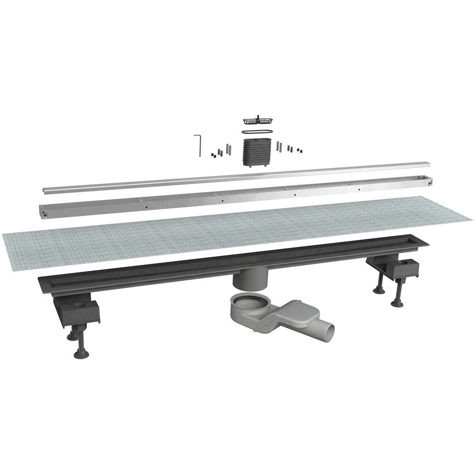 Линеен сифон Canalissima Stainless Steel - 40,50,60,70,80,90 и 100 см. експлодиран изглед с компоненти и аксесоари за вграждане от KERANOVA