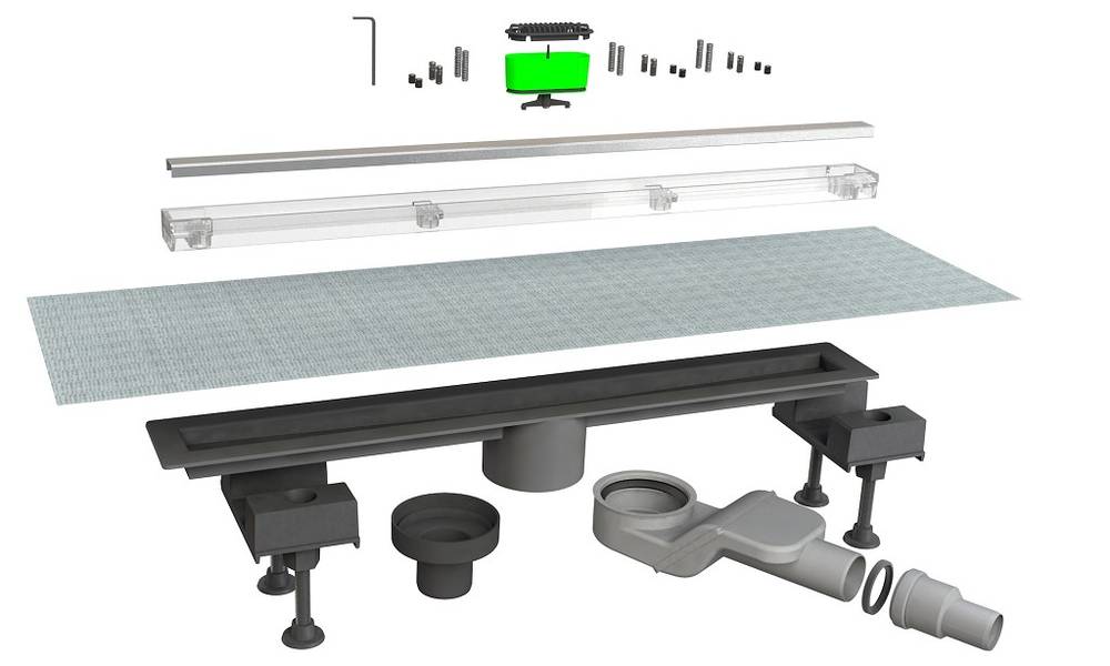 Линеен сифон Canalissima Mixage Double face - 20,30,40,50,60,70,80,90 и 100 см. експлодиран изглед с аксесоари и решетка за онлайн магазин KERANOVA