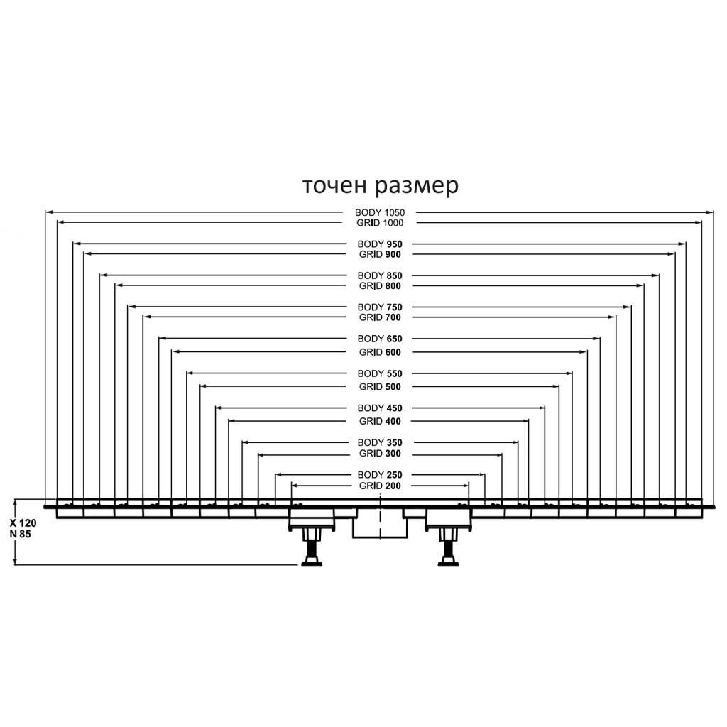 Линеен сифон Canalissima Mixage Double face - 20,30,40,50,60,70,80,90 и 100 см. схема с точен размер и технически детайли за онлайн магазин KERANOVA