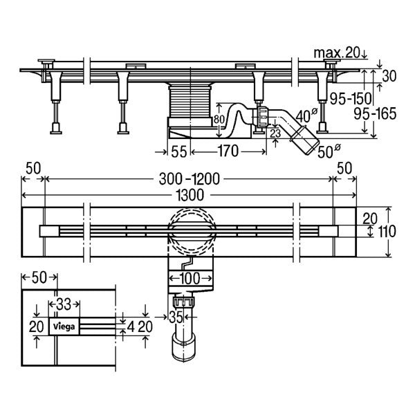Viega Advantix Vario 30-120 см. технически чертеж на линеен сифон за баня, регулируема дължина, монтаж KERANOVA онлайн магазин