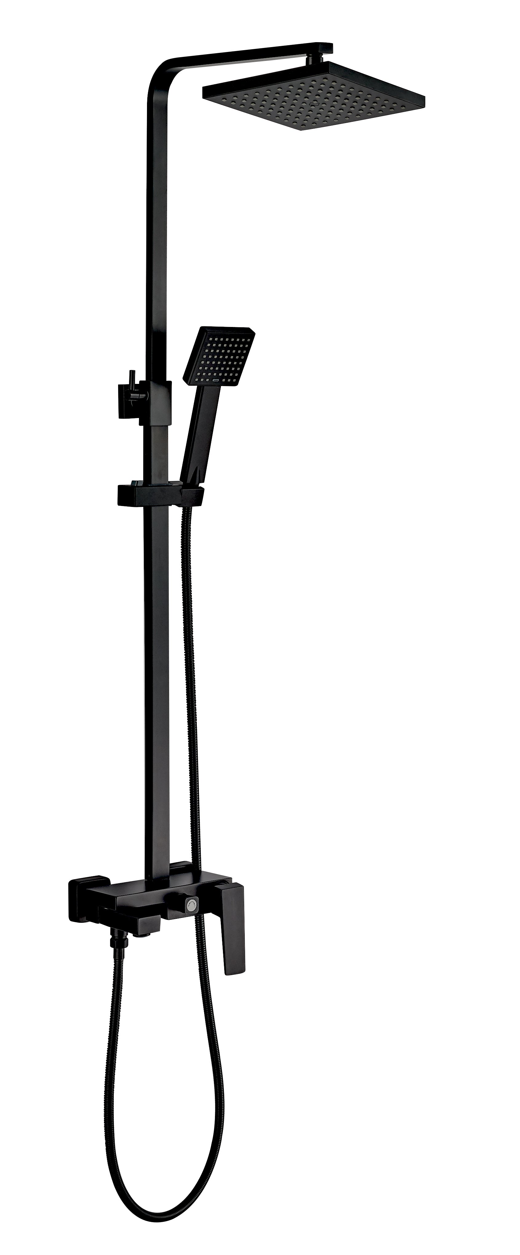 Душ колона с чучур Elinor Matt Black - телескопична черна душ система с пита 20x20 см, ръчен душ, мсингов смесител - KERANOVA
