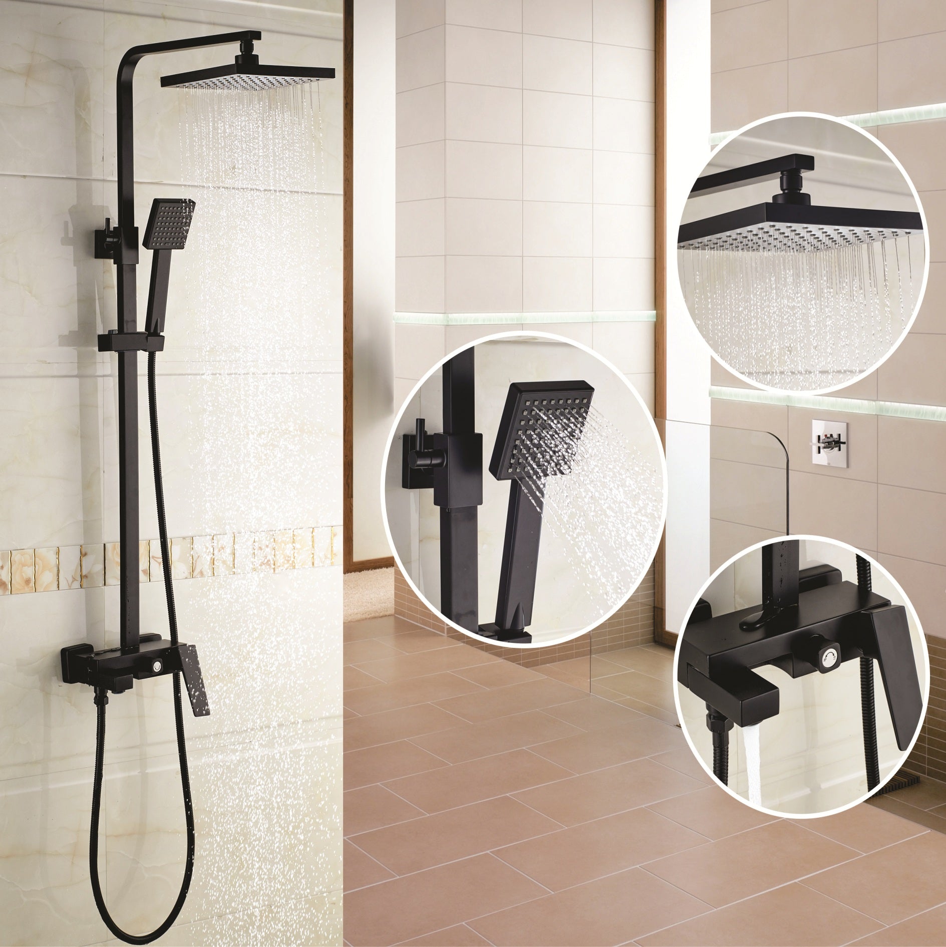 Душ колона с чучур Elinor Matt Black в онлайн магазин за обзавеждане за бани KERANOVA, матов черен, стационарен душ 20x20 см