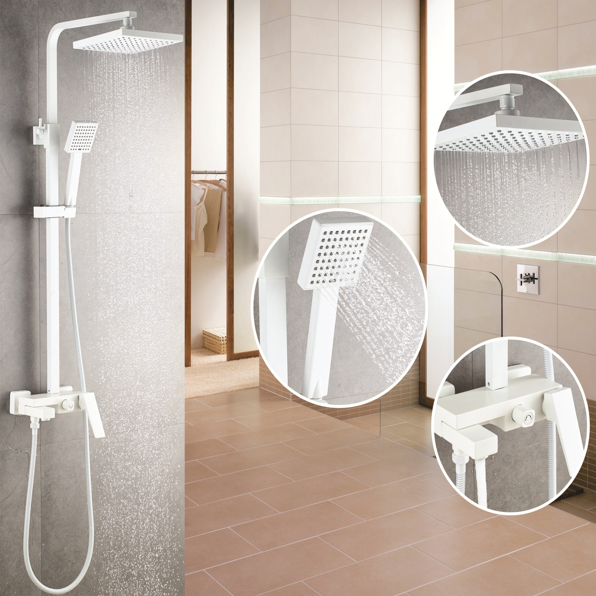 Душ колона с чучур Elinor Matt White - телескопична душ система в бяло, стационарен душ 20x20 см, ръчен душ и чучур - KERANOVA