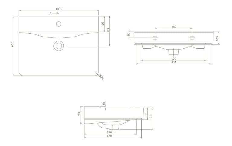 Мебелна мивка Mona 60х45 см. технически чертеж с размери, отвор за смесител, монтаж на стена - онлайн магазин KERANOVA