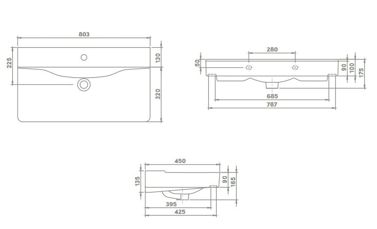 Мебелна мивка Mona 80х45 см. технически чертеж с размери и отвор за смесител - онлайн магазин за обзавеждане за бани KERANOVA