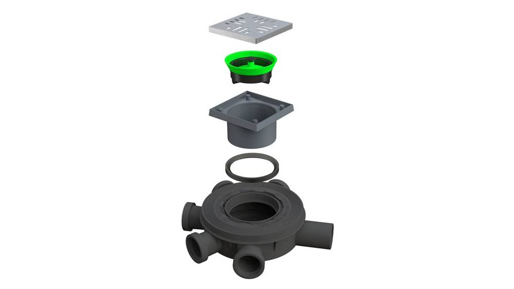 Maxi drain подов сифон 10х10 - Bonomini, експлодиран изглед с неръждаема решетка 100×100мм и воден затвор, онлайн магазин KERANOVA