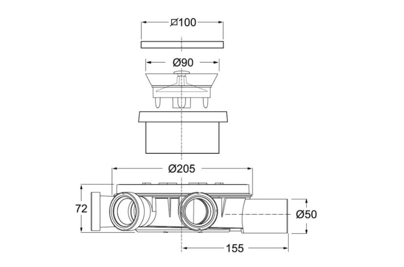 Maxi drain подов сифон 10х10 - Bonomini схема и размери, неръждаема решетка 100×100 мм, хоризонтално оттичане, канална конструкция за KERANOVA