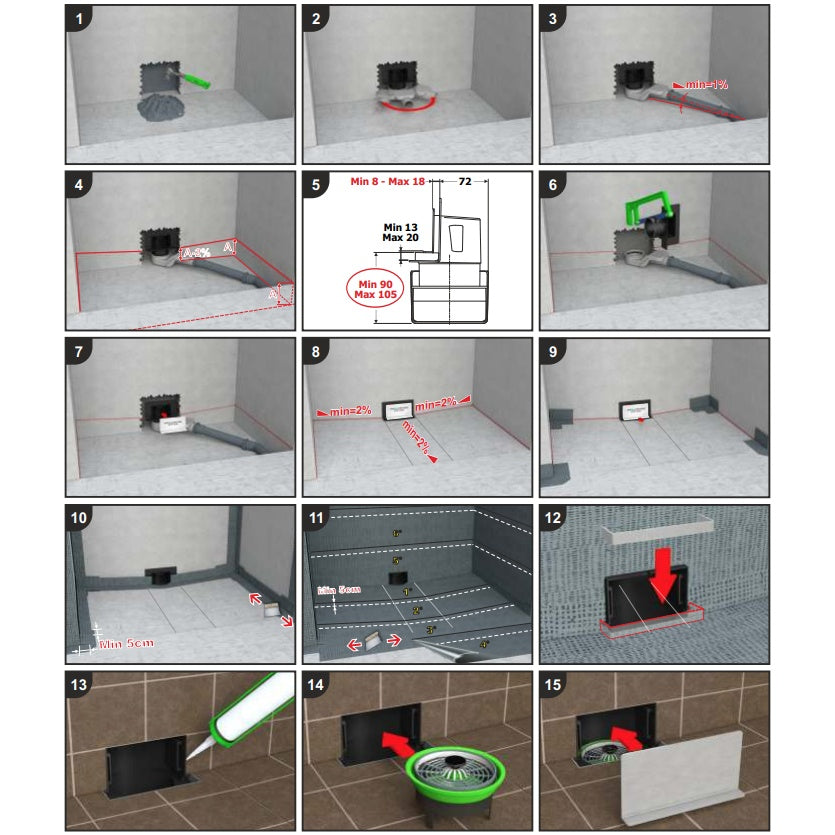 Стенен сифон Wally - Bonomini монтаж и инструкции за вграждане, фланец за хидроизолация, кошница и решетка AISI316, онлайн магазин KERANOVA