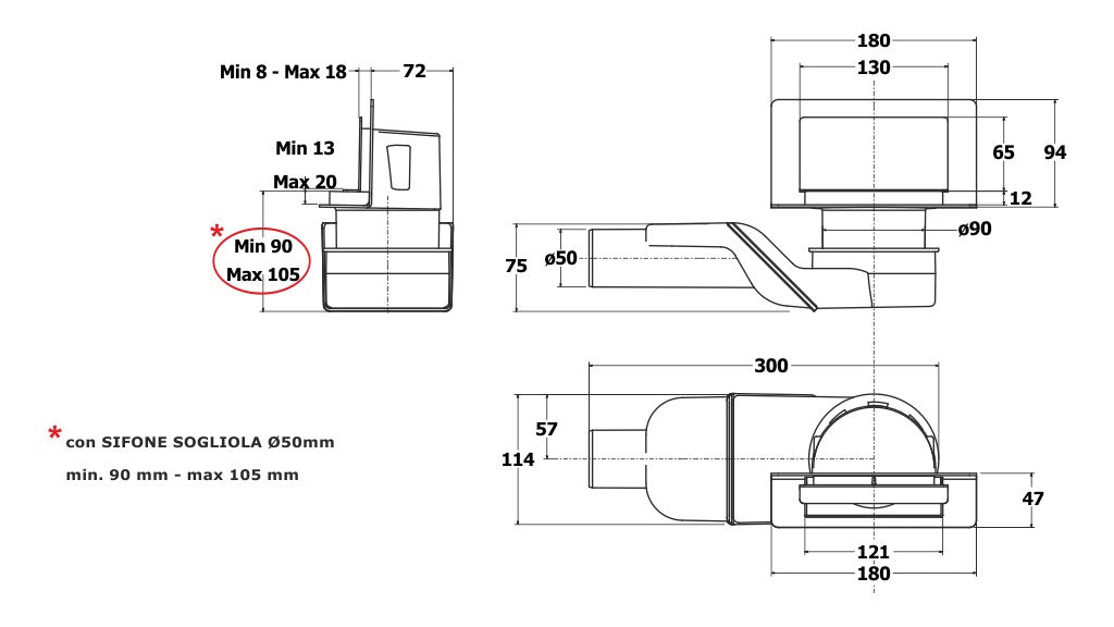 Стенен сифон Wally - Bonomini диаграма размери и технически данни за онлайн магазин KERANOVA