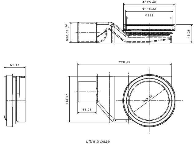 Стенен сифон Confluo Wall – технически чертеж с размери, ултра S основа, за онлайн магазин KERANOVA