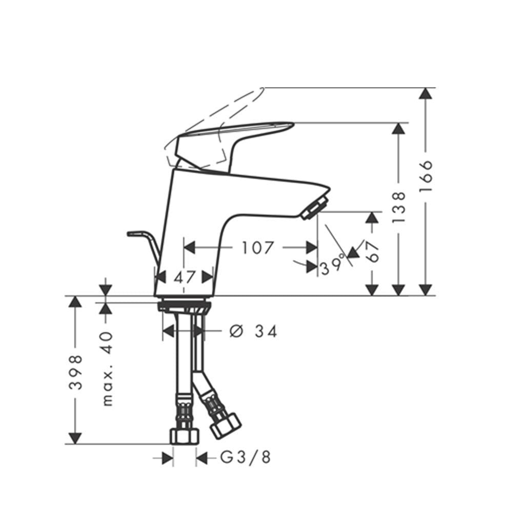 Hansgrohe Logis 70 за мивка - технически чертеж и размери на смесител 71070000, хром, поп-ъп, KERANOVA онлайн магазин