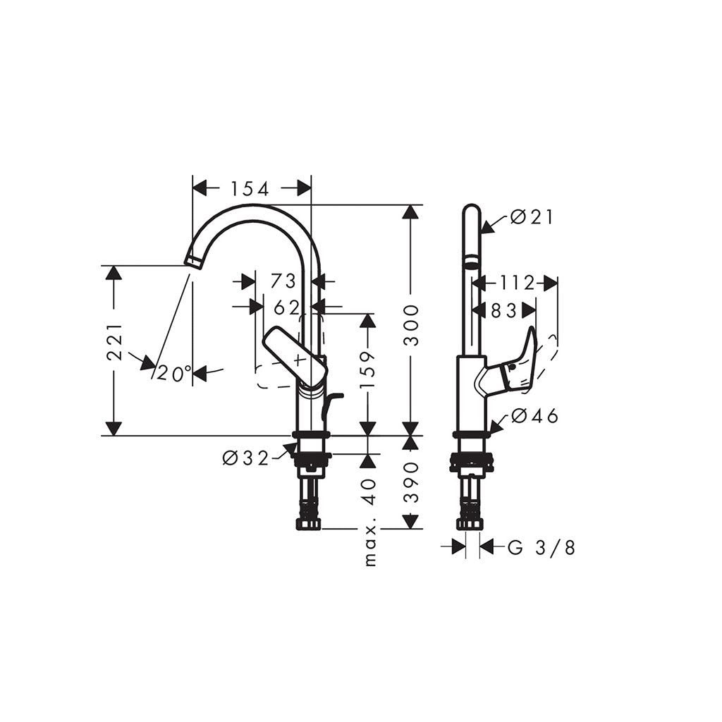 Hansgrohe Logis 210 за мивка - технически чертеж с размери, хром, ComfortZone 210, проекция 154 мм, обръщателна ръкохватка, KERANOVA