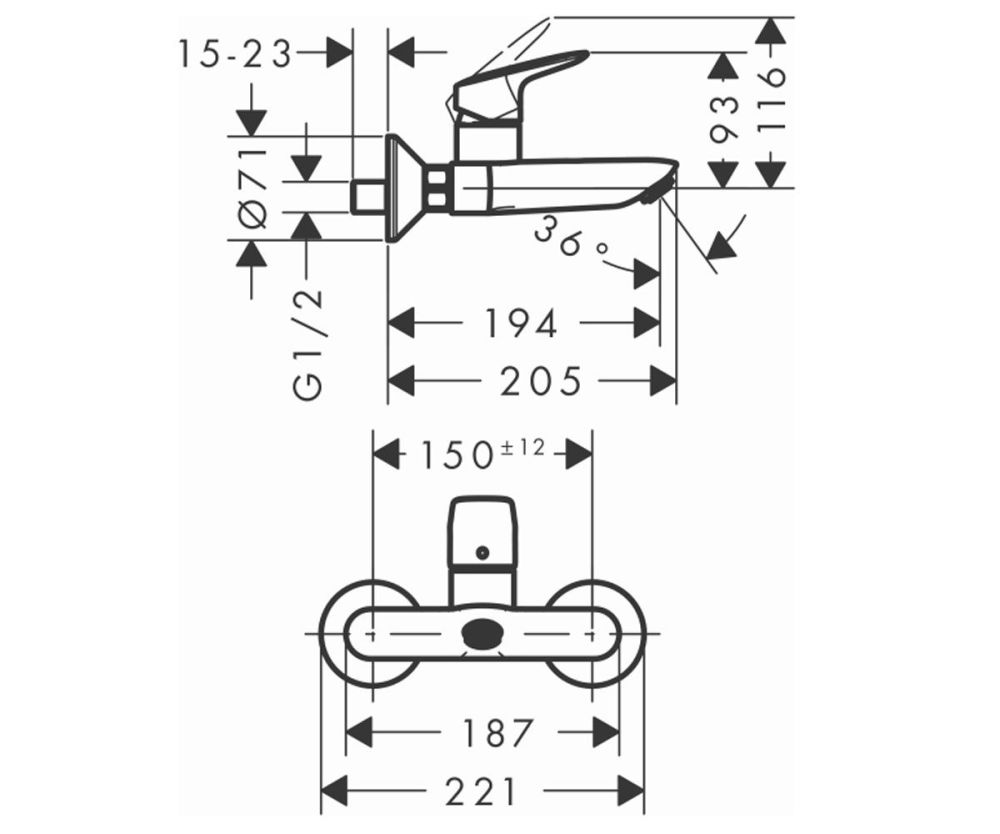 Hansgrohe Logis смесител за вана и душ - стенен хромиран монтаж, чертеж с размери 71225000 за онлайн магазин KERANOVA