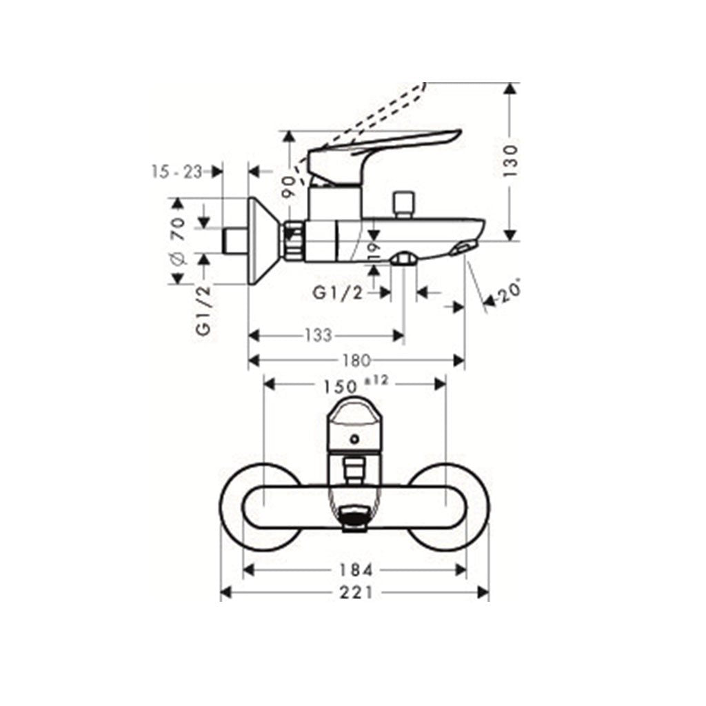 Hansgrohe Logis смесител за вана и душ - технически чертеж с размери и присъединяване за KERANOVA