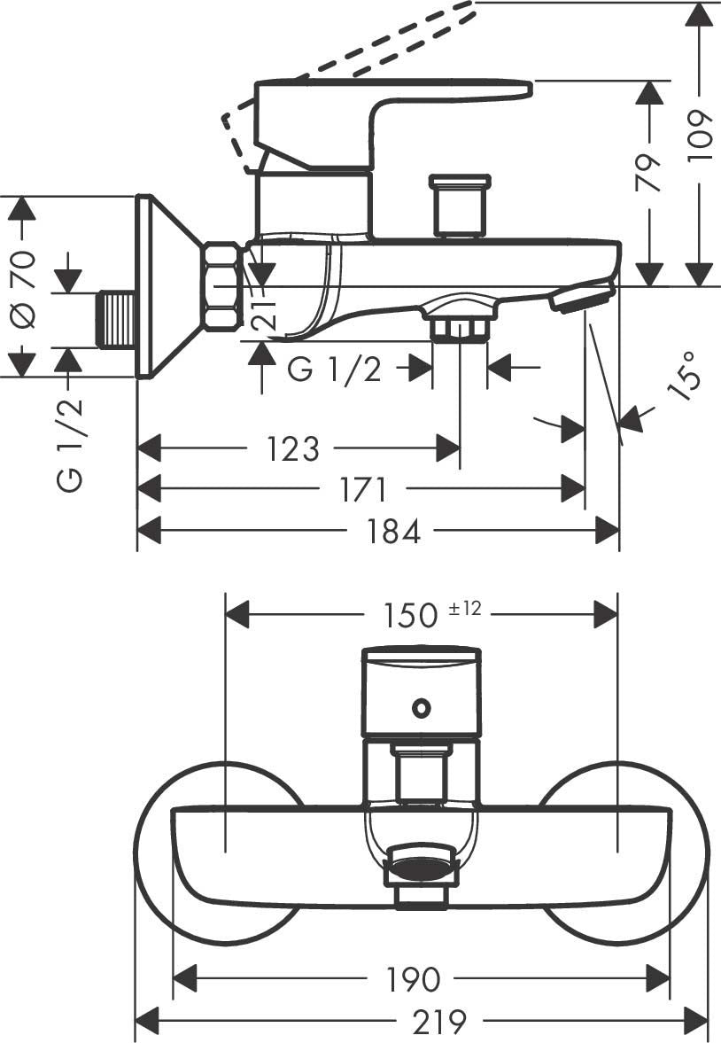 Комплект смесители за баня HansGrohe Vernis Blend Matt Black – технически чертеж с размери за смесител за душ и вана, KERANOVA онлайн магазин