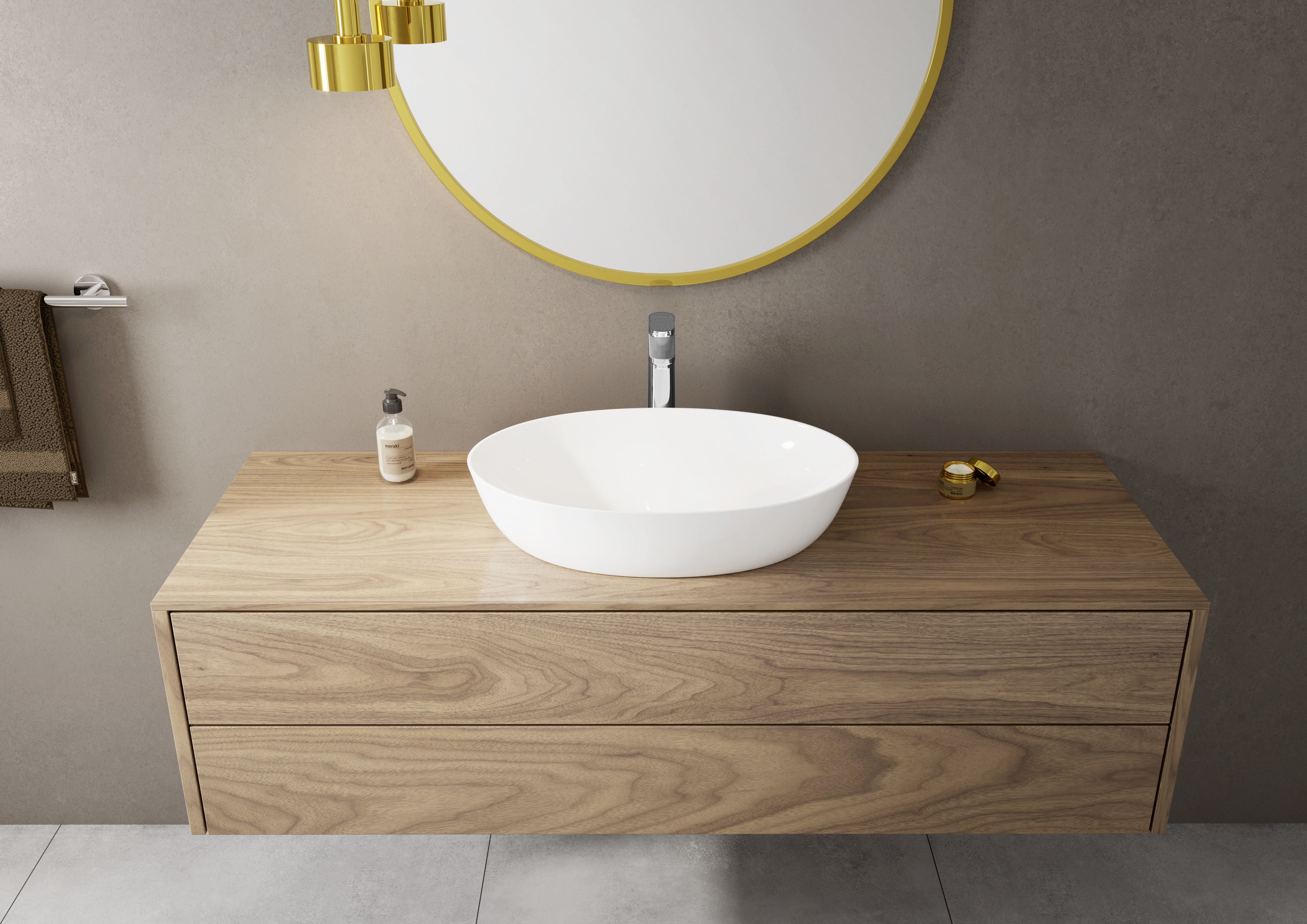 Hansgrohe Vernis Blend 190 за мивка на хромиран смесител върху дървен шкаф в модерен бан. Онлайн магазин за обзавеждане за бани KERANOVA