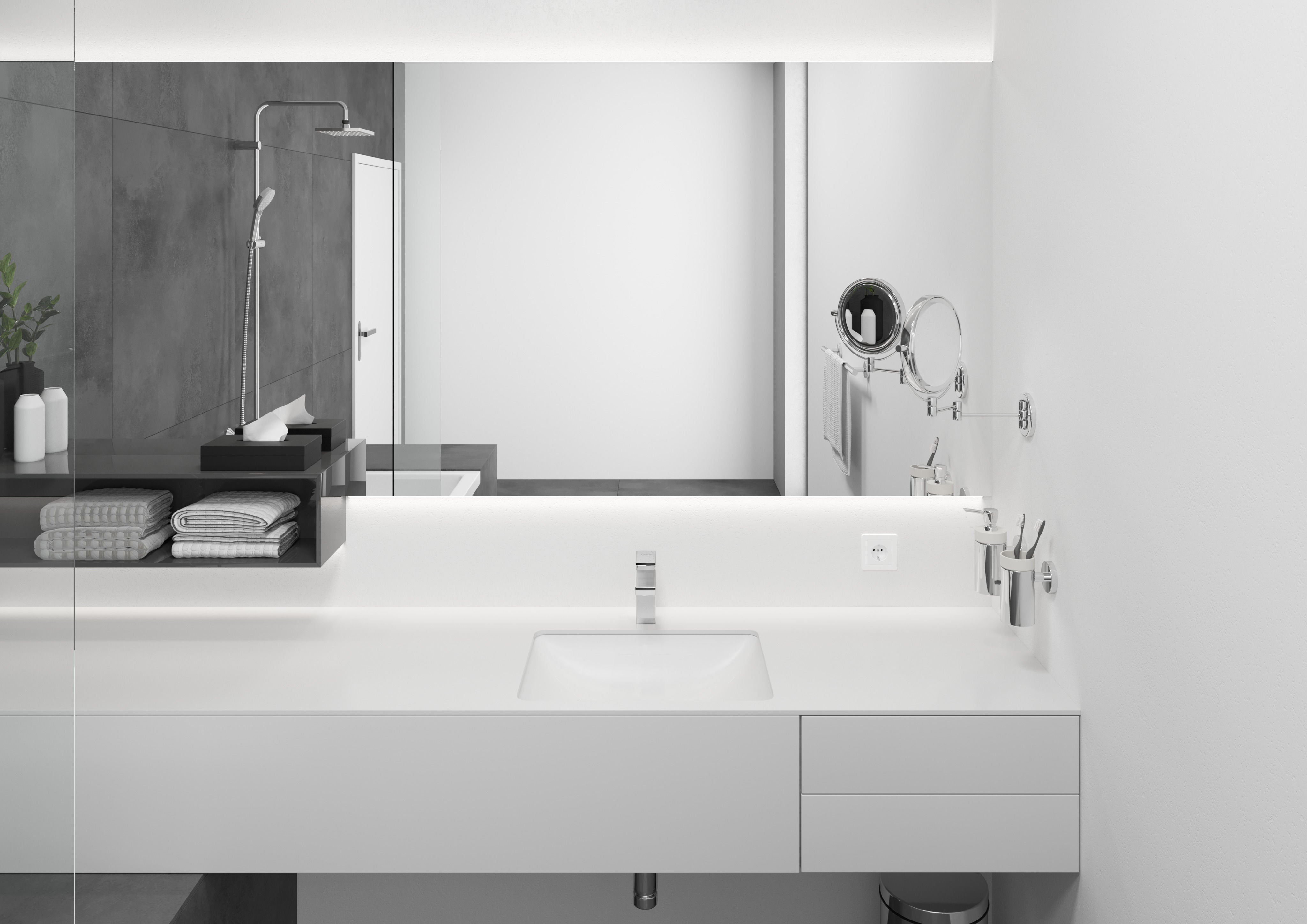 Комплект смесители за баня HansGrohe Vernis Shape – модерен немски комплект смесители за баня в минималистичен бял интериор, онлайн магазин KERANOVA