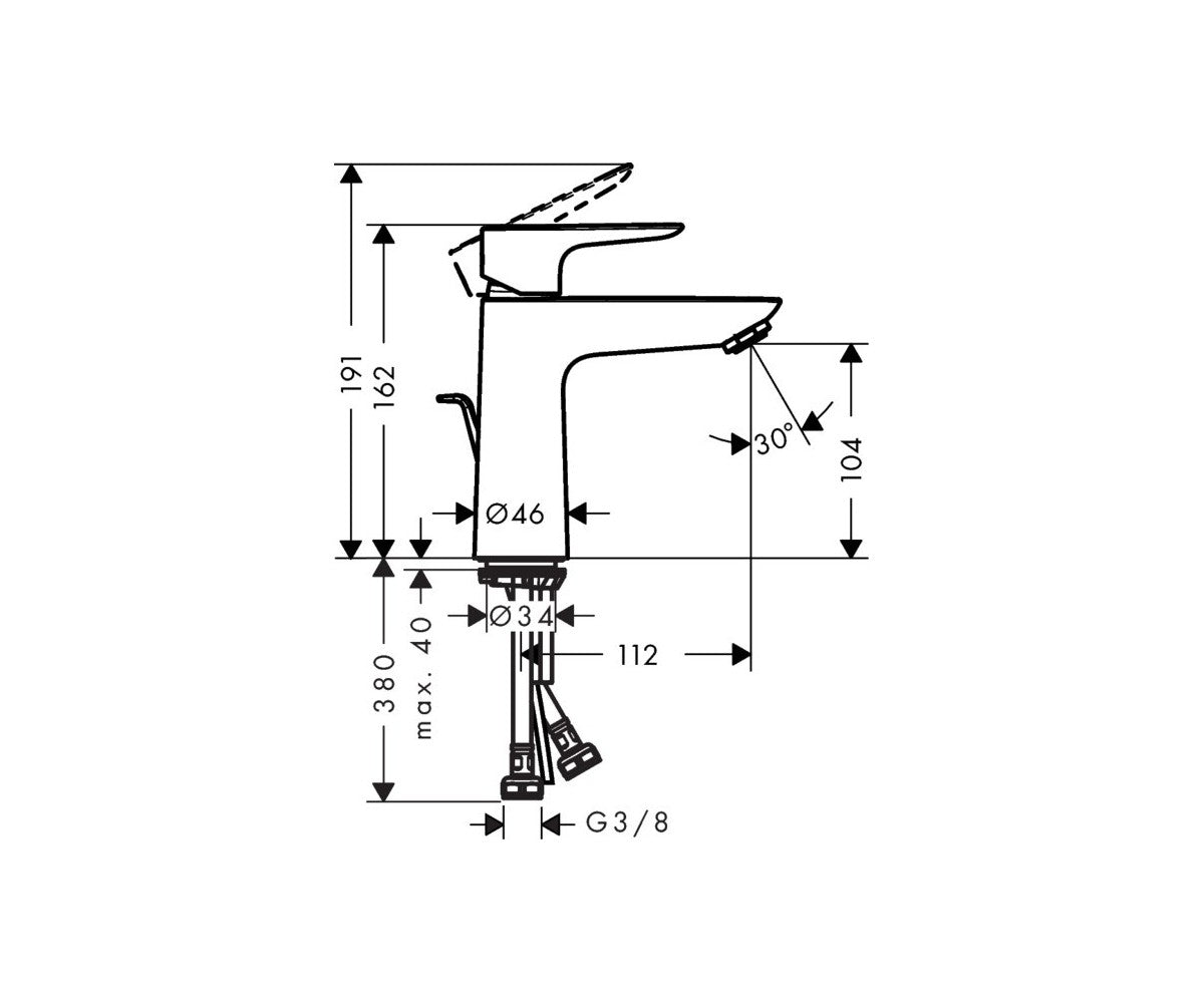 Hansgrohe Talis E 110 за мивка - чертеж с размери, хромен стоящ смесител, ComfortZone 110, за KERANOVA онлайн магазин