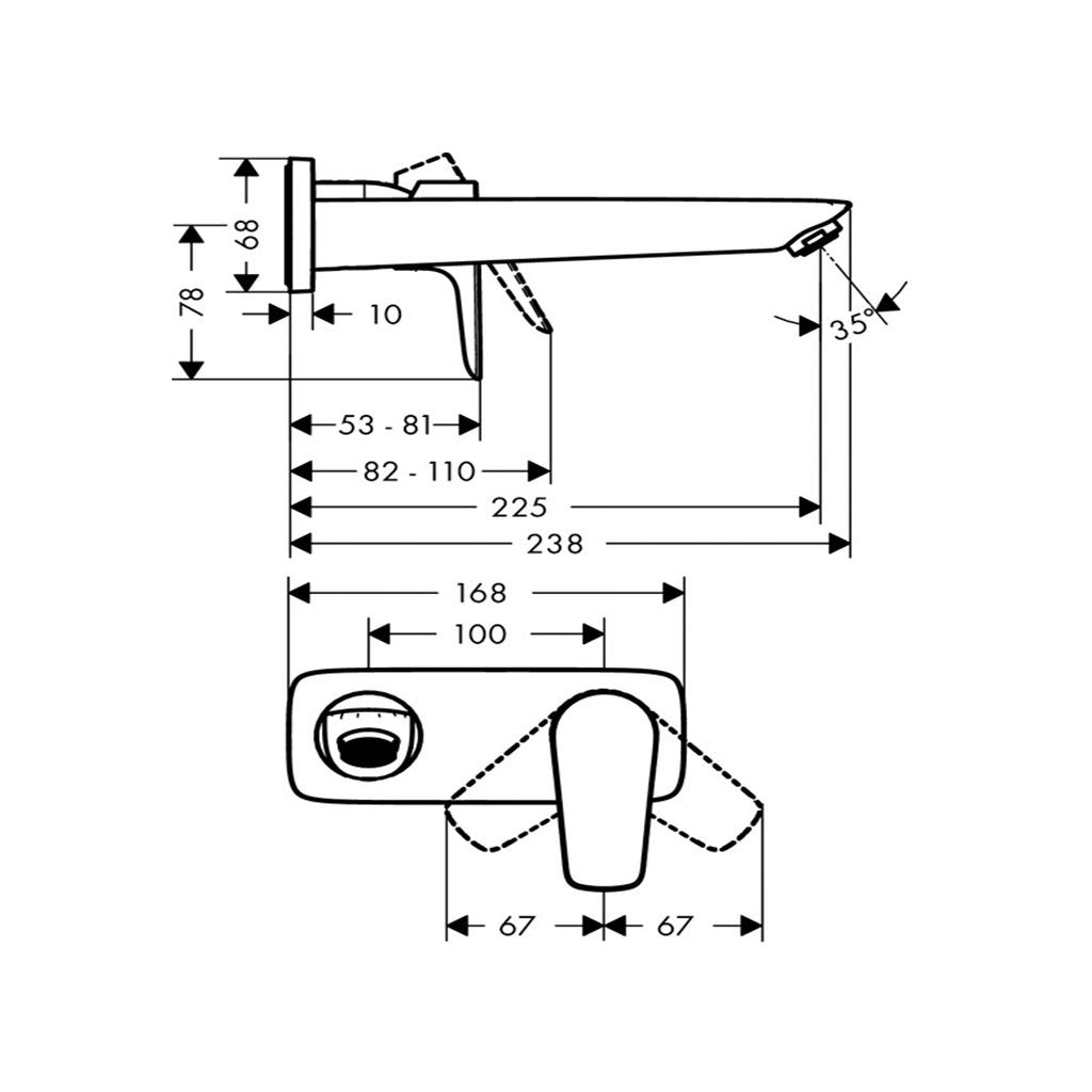 Hansgrohe Talis E вграден за мивка – технически чертеж с размери и проекция 225 мм, хром, комплект за вграден смесител KERANOVA