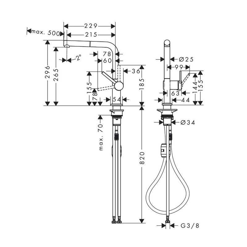 Hansgrohe Talis M54 270 1jet Matt Black технически чертеж с размери и връзки за монтаж - онлайн магазин за обзавеждане KERANOVA