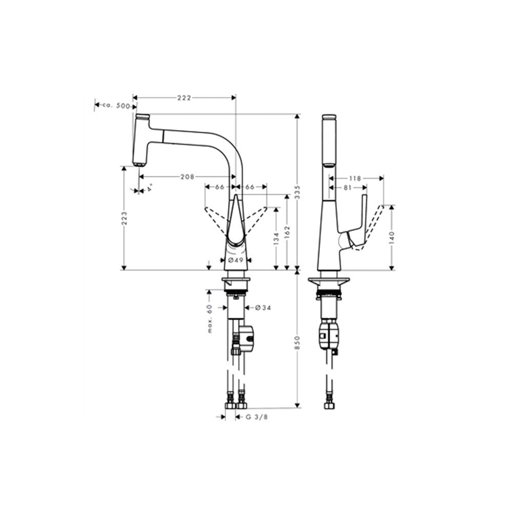 Кухненски смесител Talis Select M51 Hansgrohe - технически чертеж с размери, хром, изтеглящ се излив, за онлайн магазин KERANOVA