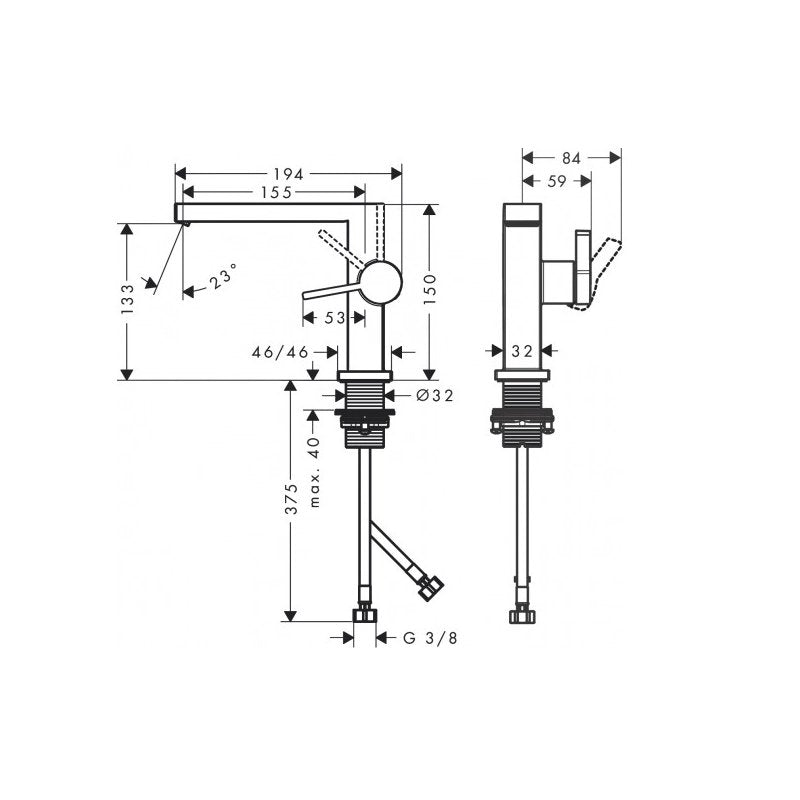 Hansgrohe Tecturis E 110 Fine CoolStart EcoSmart+ - бял мат, технически чертеж с размери и монтажни детайли за мивка, KERANOVA