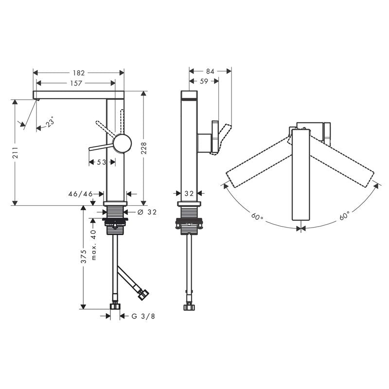 Hansgrohe Tecturis E 210 Fine CoolStart EcoSmart+ технически чертеж с размери и обхват на въртене за онлайн магазин KERANOVA