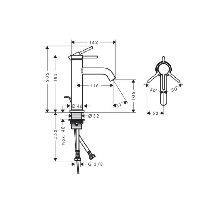 Hansgrohe Tecturis S 110 EcoSmart+ технически чертеж с размери и монтажни детайли за мивка – KERANOVA онлайн магазин