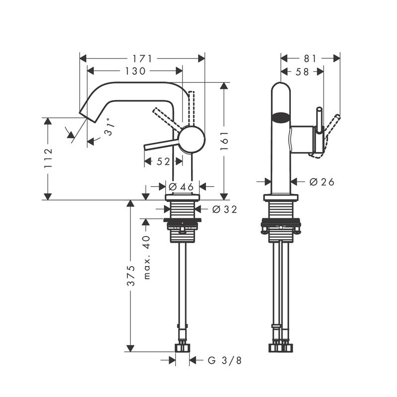 Hansgrohe Tecturis S 110 Fine CoolStart EcoSmart+ - бял мат технически чертеж с размери и монтажни данни за онлайн магазин KERANOVA